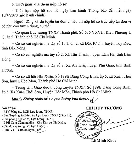Lực lượng TNXP TP.HCM tuyển dụng viên chức đợt 1 năm 2020