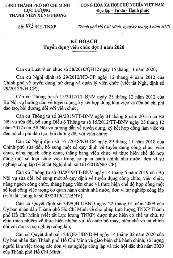 Lực lượng TNXP TP.HCM tuyển dụng viên chức đợt 1 năm 2020