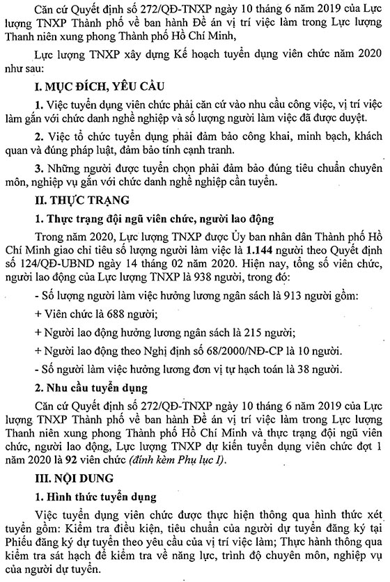 Lực lượng TNXP TP.HCM tuyển dụng viên chức đợt 1 năm 2020
