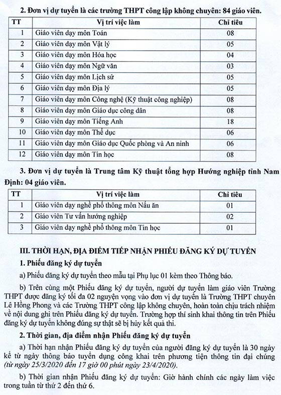 Sở Giáo dục và Đào tạo tỉnh Nam Định tuyển dụng giáo viên THPT và Trung tâm Kỹ thuật tổng hợp Hướng nghiệp năm 2020