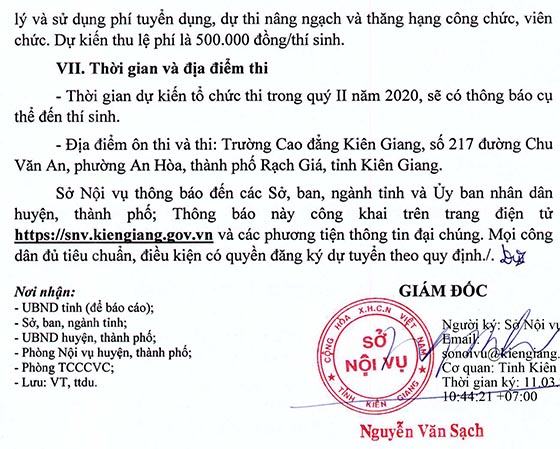 Sở Nội vụ tỉnh Kiên Giang tuyển dụng công chức năm 2020