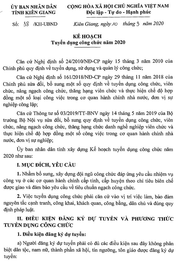 Sở Nội vụ tỉnh Kiên Giang tuyển dụng công chức năm 2020
