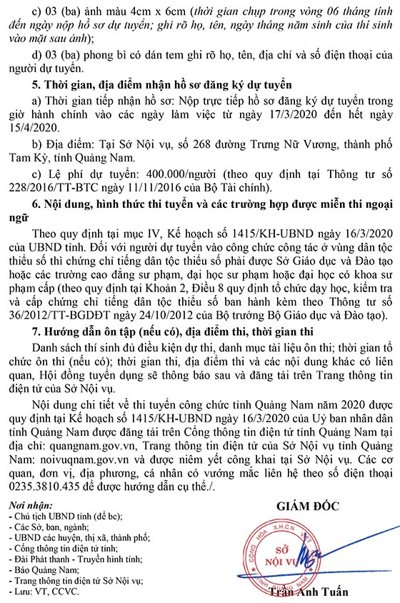 Sở Nội vụ tỉnh Quảng Nam tuyển dụng công chức năm 2020