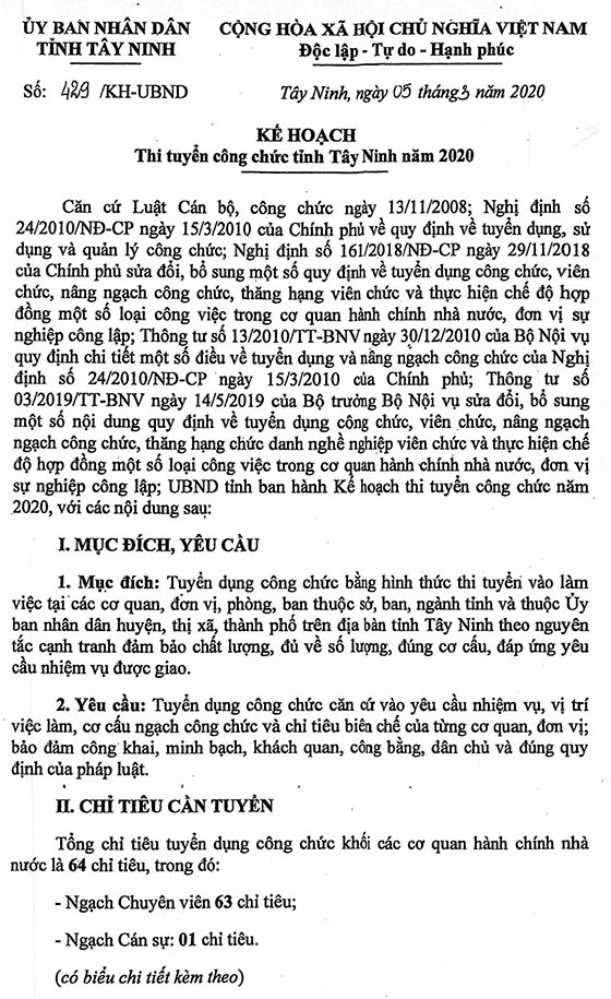 Sở Nội vụ tỉnh Tây Ninh tuyển dụng công chức khối các cơ quan hành chính Nhà nước năm 2020