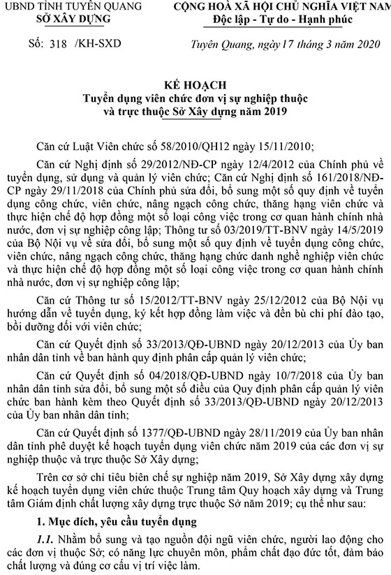 Sở Xây dựng tỉnh Tuyên Quang tuyển dụng viên chức năm 2019