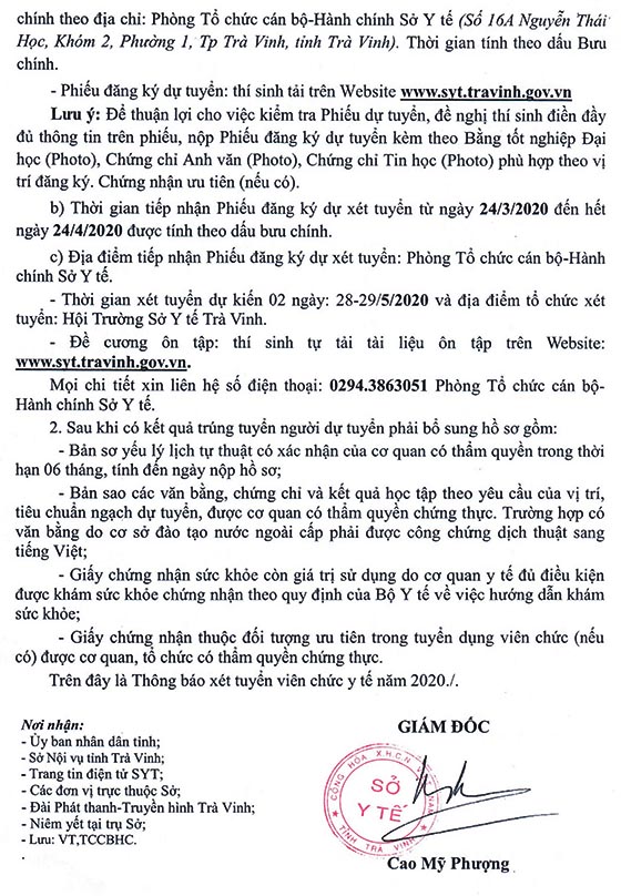 Sở Y tế tỉnh Trà Vinh tuyển dụng viên chức năm 2020