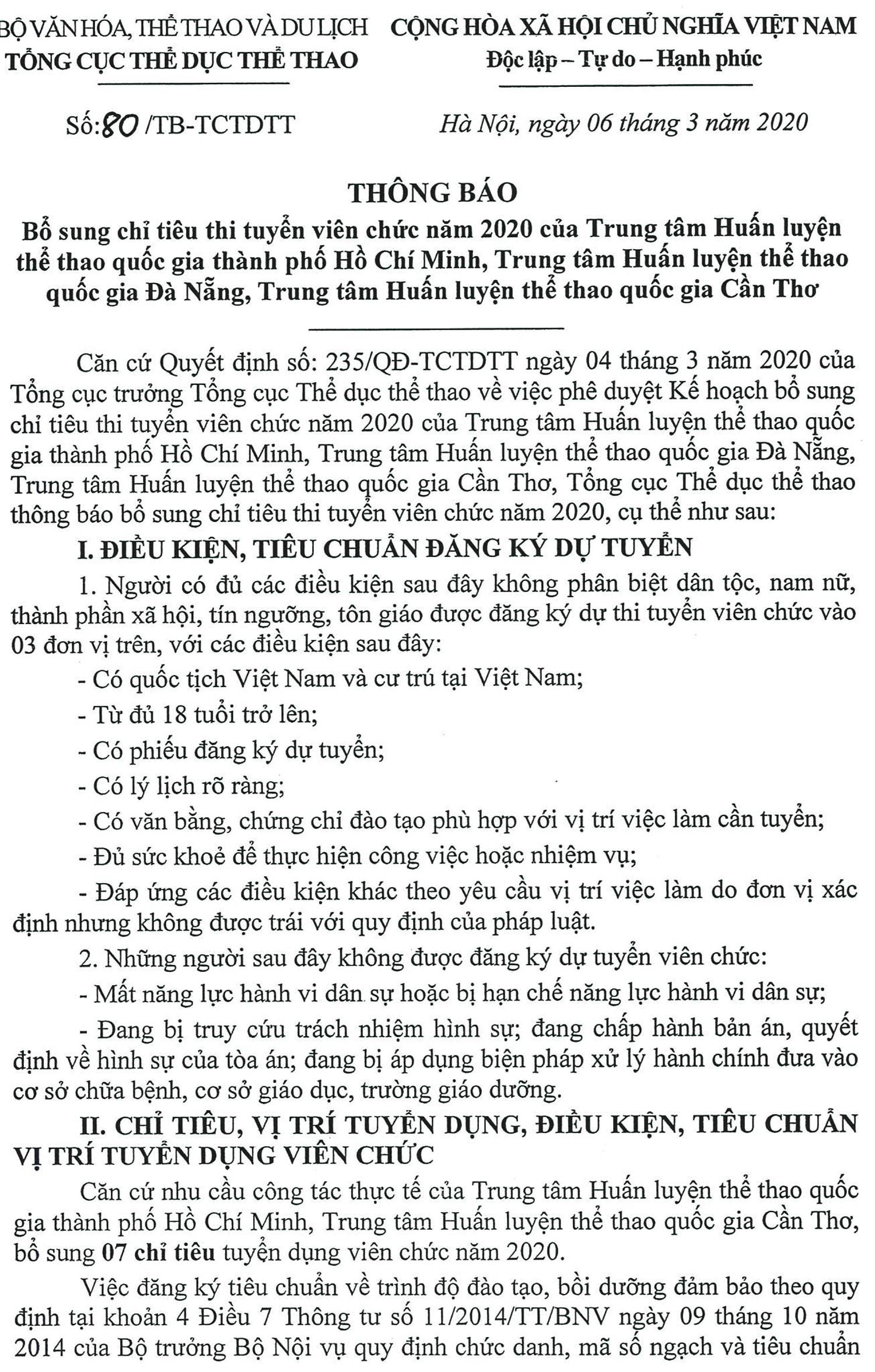 Tổng cục Thể dục Thể thao bổ sung chi tiêu thi tuyển viên chức năm 2020