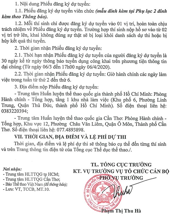 Tổng cục Thể dục Thể thao bổ sung chi tiêu thi tuyển viên chức năm 2020