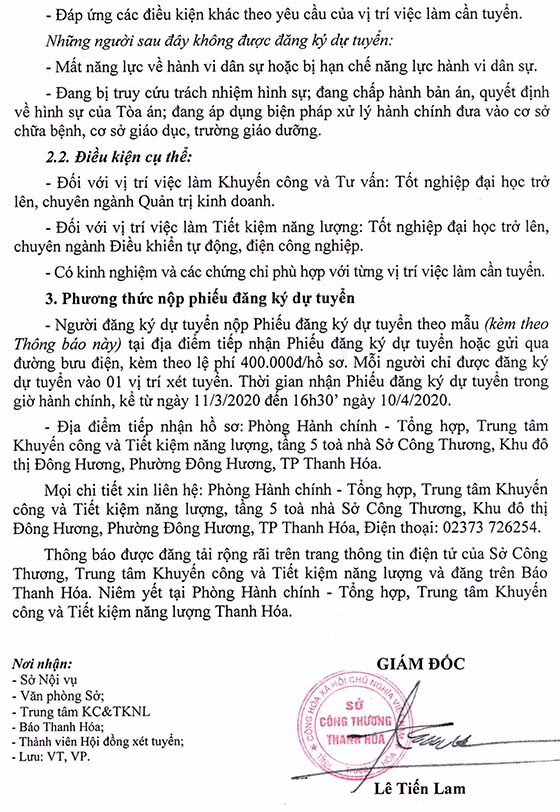 Trung tâm Khuyến công và Tiết kiệm năng lượng - Sở Công Thương tỉnh Thanh Hóa tuyển dụng viên chức năm 2020