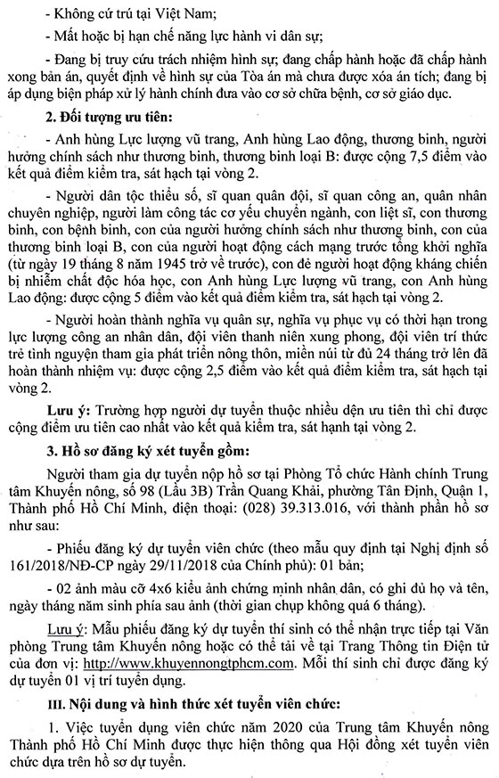 Trung tâm Khuyến nông Thành phố Hồ Chí Minh thông báo việc tuyển dụng viên chức năm 2020