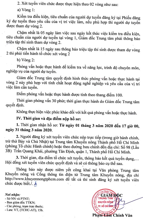 Trung tâm Khuyến nông Thành phố Hồ Chí Minh thông báo việc tuyển dụng viên chức năm 2020