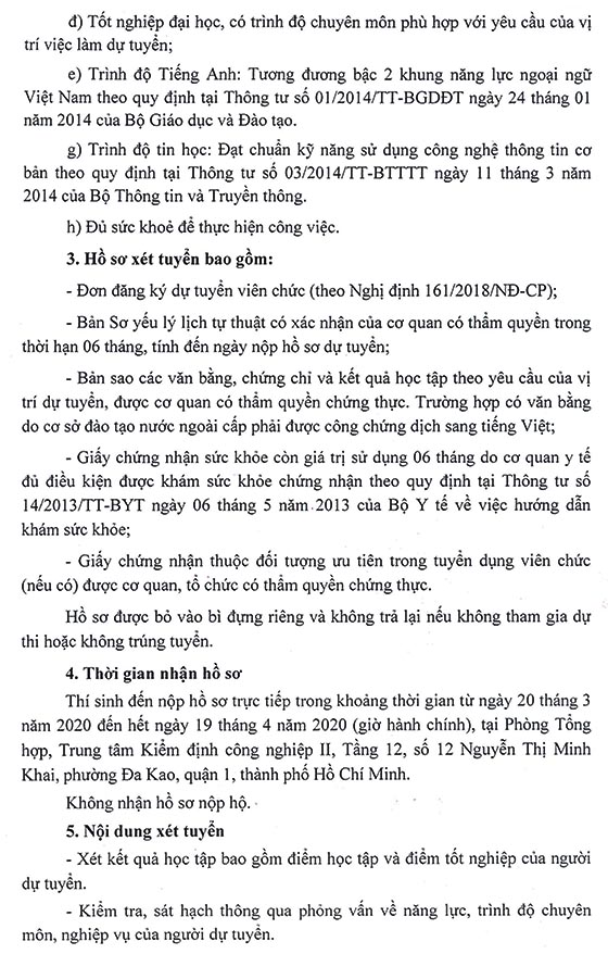 Trung tâm Kiểm định công nghiệp II, Cục Kỹ thuật an toàn và Môi trường công nghiệp tuyển dụng viên chức năm 2020