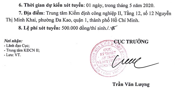 Trung tâm Kiểm định công nghiệp II, Cục Kỹ thuật an toàn và Môi trường công nghiệp tuyển dụng viên chức năm 2020
