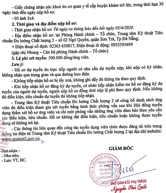 Trung tâm Kỹ thuật Tiêu chuẩn Đo lường Chất lượng 2, TP.Đà Nẵng tuyển dụng lao động năm 2020