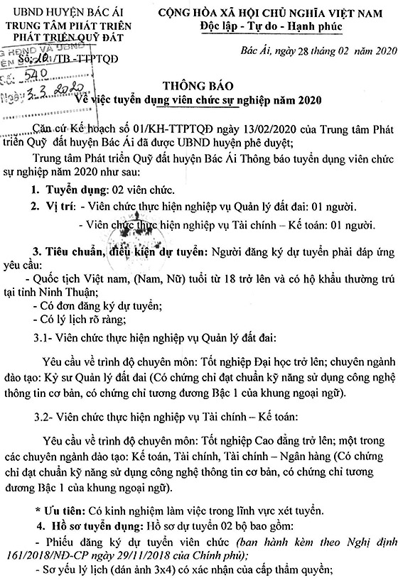 Trung tâm Phát triển Quỹ đất huyện Bác Ái, Ninh Thuận tuyển dụng viên chức năm 2020