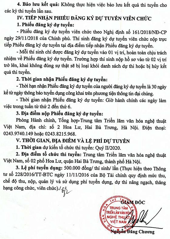 Trung tâm Triển lãm văn hóa nghệ thuật Việt Nam tuyển dụng viên chức năm 2020