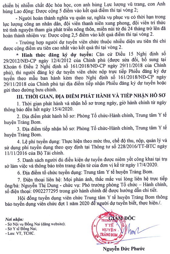 Trung tâm Y tế huyện Trảng Bom, Đồng Nai tuyển dụng viên chức đợt 1 năm 2020