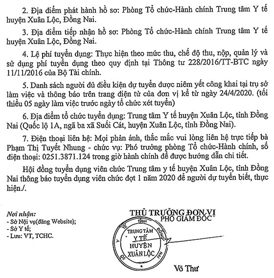 Trung tâm Y tế huyện Xuân Lộc, Đồng Nai tuyển dụng viên chức đợt 1 năm 2020