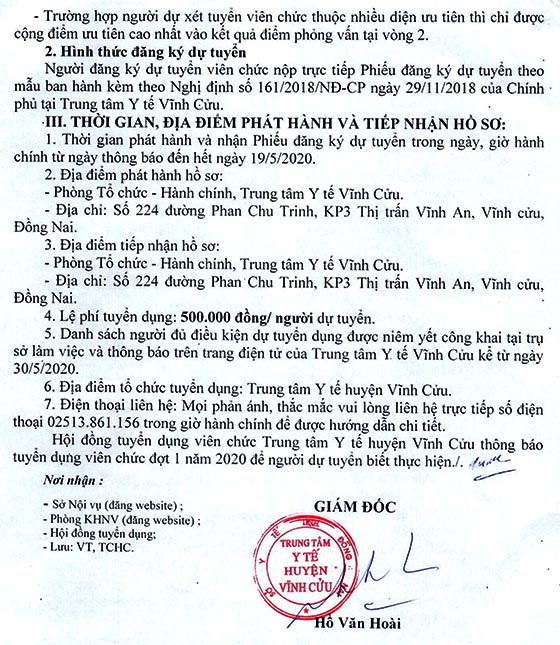 Trung tâm Y tế Vĩnh Cửu, Đồng Nai tuyển dụng viên chức đợt 1 năm 2020