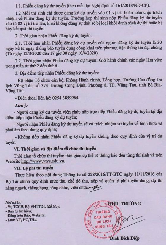 Trường Cao đẳng Du lịch Vũng Tàu, Bà Rịa - Vũng Tàu tuyển dụng viên chức năm 2019