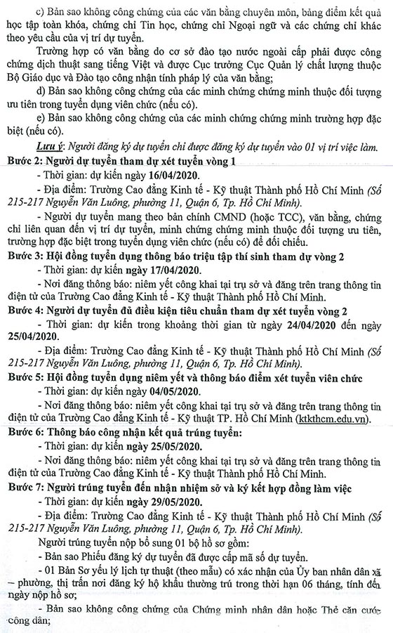 Trường Cao đẳng kinh tế - kỹ thuật TP.HCM tuyển dụng viên chức đợt 2 năm học 2019-2020