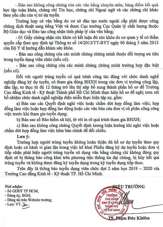 Trường Cao đẳng kinh tế - kỹ thuật TP.HCM tuyển dụng viên chức đợt 2 năm học 2019-2020