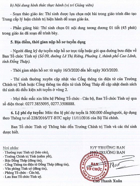 Trường Chính trị Tỉnh Đồng Tháp tuyển dụng viên chức năm 2020
