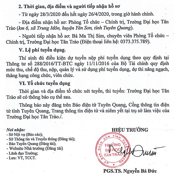 Trường Đại học Tân Trào tỉnh Tuyên Quang tuyển dụng viên chức đợt 2 năm 2020