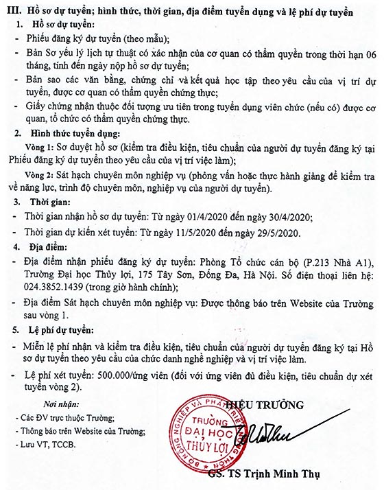 Trường Đại học Thủy lợi tuyển dụng viên chức năm 2020