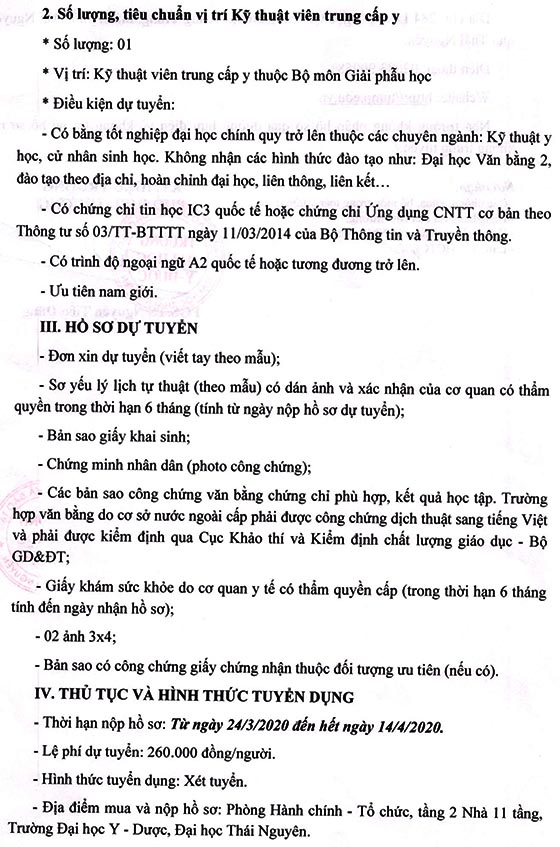 Trường Đại học Y - Dược, Đại học Thái Nguyên tuyển dụng lao động hợp đồng năm 2020 (Đợt 1)
