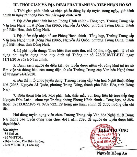 Trường Trung cấp Văn hóa Nghệ thuật Đồng Nai tuyển dụng viên chức đợt 1 năm 2020