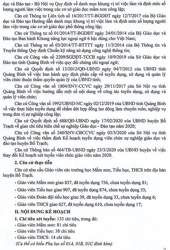 UBND huyện Bố Trạch, Quảng Bình tuyển dụng giáo viên năm 2020