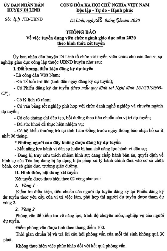 UBND huyện Di Linh, Lâm Đồng tuyển dụng giáo viên năm 2020