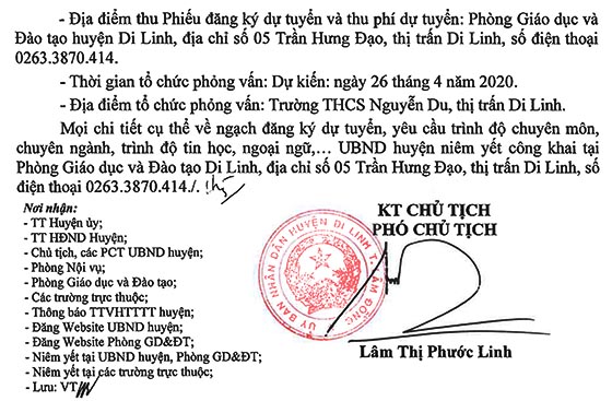 UBND huyện Di Linh, Lâm Đồng tuyển dụng giáo viên năm 2020