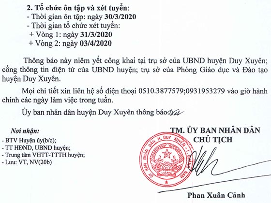 UBND huyện Duy Xuyên, Quảng Nam tuyển giáo viên năm 2020