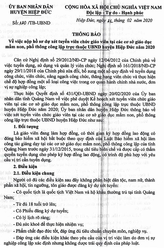 UBND huyện Hiệp Đức, Quảng Nam tuyển dụng giáo viên năm 2020