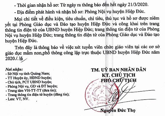 UBND huyện Hiệp Đức, Quảng Nam tuyển dụng giáo viên năm 2020