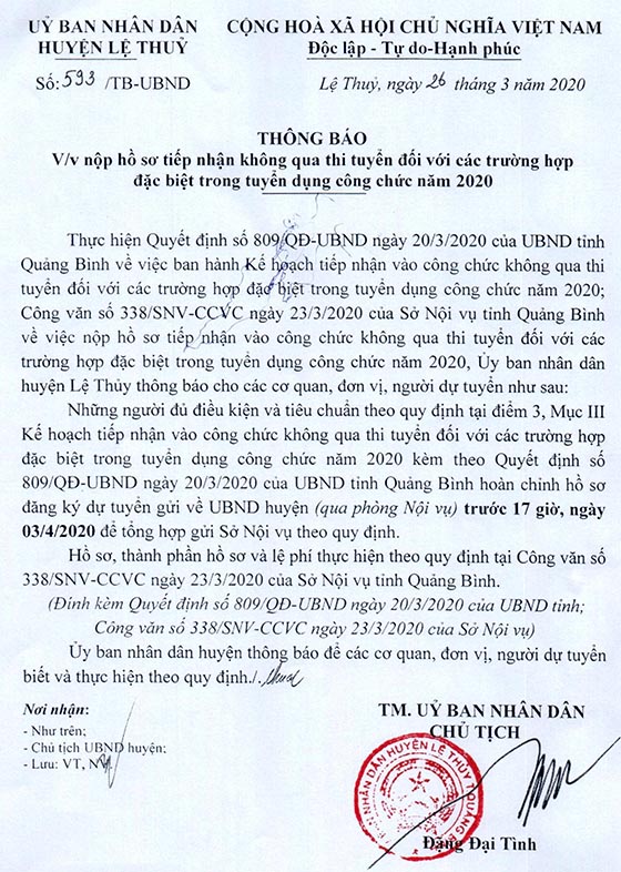 UBND huyện Lệ Thủy, Quảng Bình tuyển dụng công chức không qua thi tuyển năm 2020