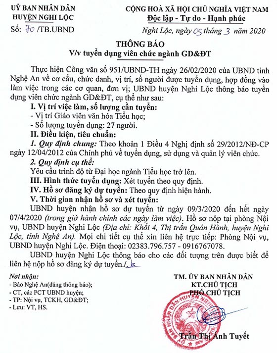 UBND huyện Nghi Lộc, Nghệ An tuyển dụng giáo viên Tiểu học năm 2020
