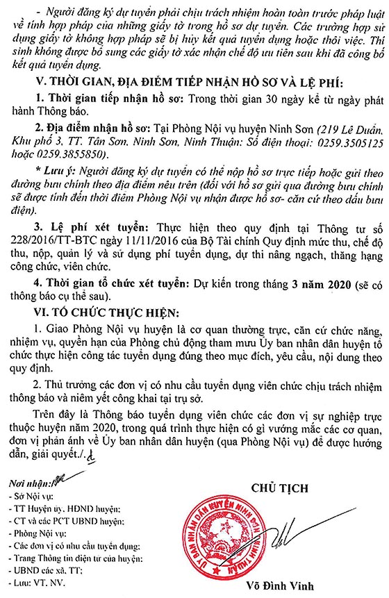 UBND huyện Ninh Sơn, Ninh Thuận tuyển dụng viên chức năm 2020