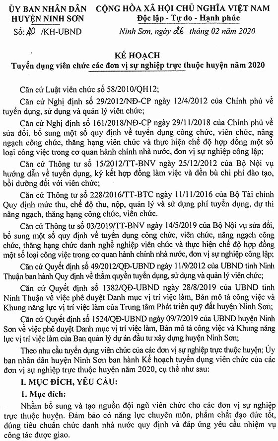 UBND huyện Ninh Sơn, Ninh Thuận tuyển dụng viên chức năm 2020