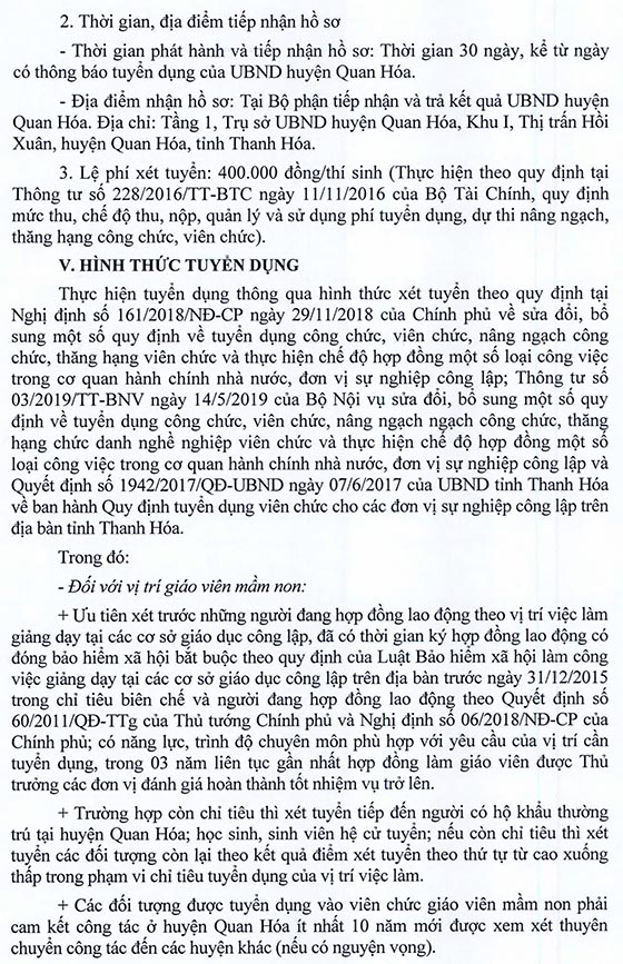 UBND huyện Quan Hóa, Thanh Hóa tuyển dụng giáo viên năm 2020