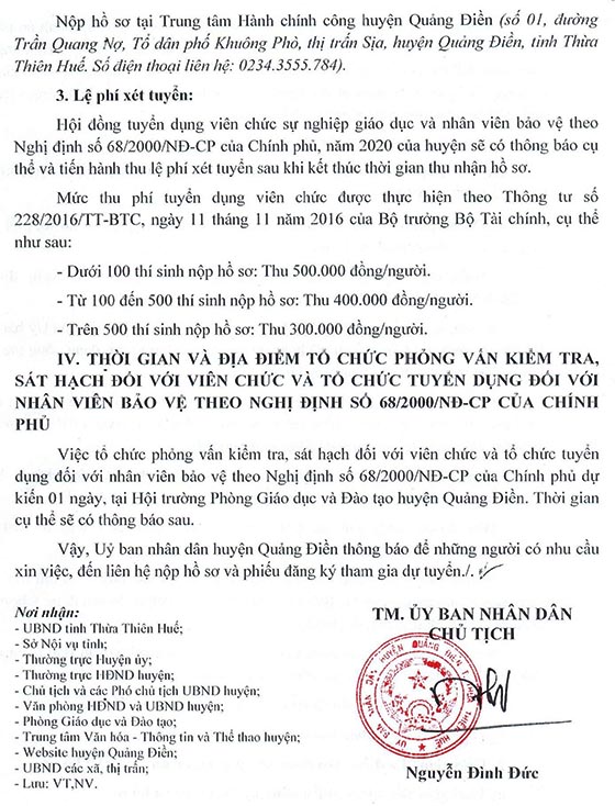 UBND huyện Quảng Điền, Thừa Thiên Huế tuyển dụng giáo viên năm 2020
