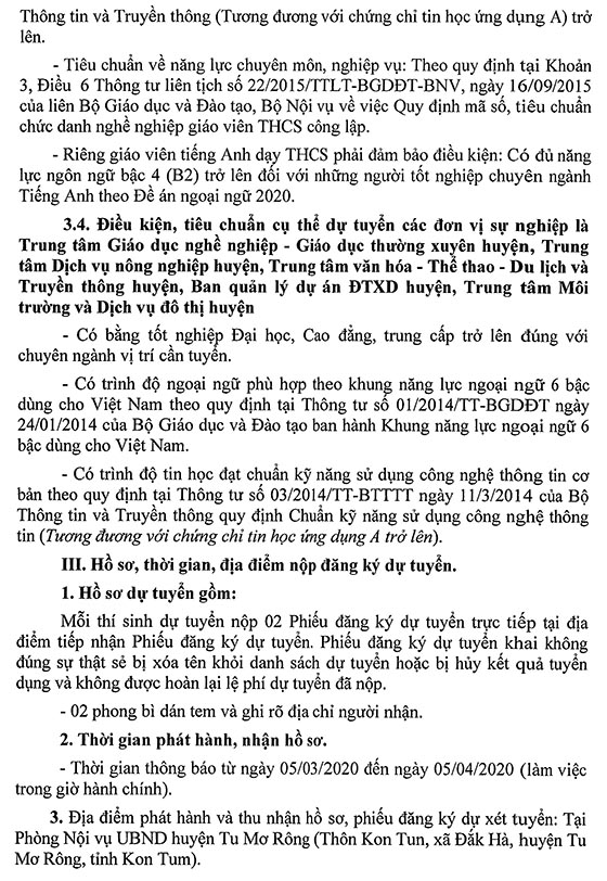 UBND huyện Tu Mơ Rông, Kon Tum tuyển dụng giáo viên năm 2020