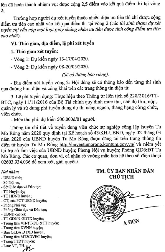UBND huyện Tu Mơ Rông, Kon Tum tuyển dụng giáo viên năm 2020