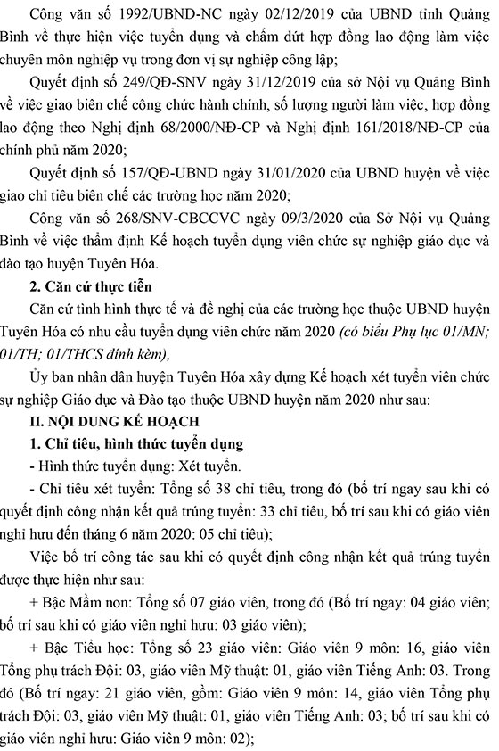 UBND huyện Tuyên Hóa, Quảng Bình tuyển dụng giáo viên năm 2020 