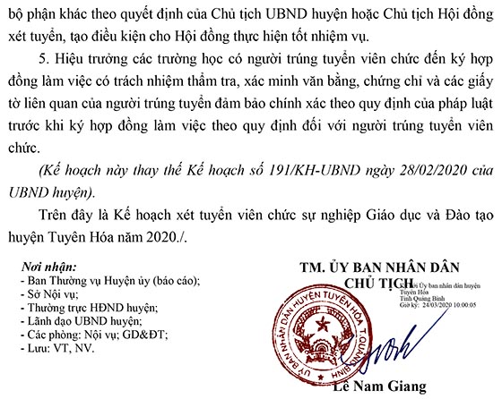UBND huyện Tuyên Hóa, Quảng Bình tuyển dụng giáo viên năm 2020 