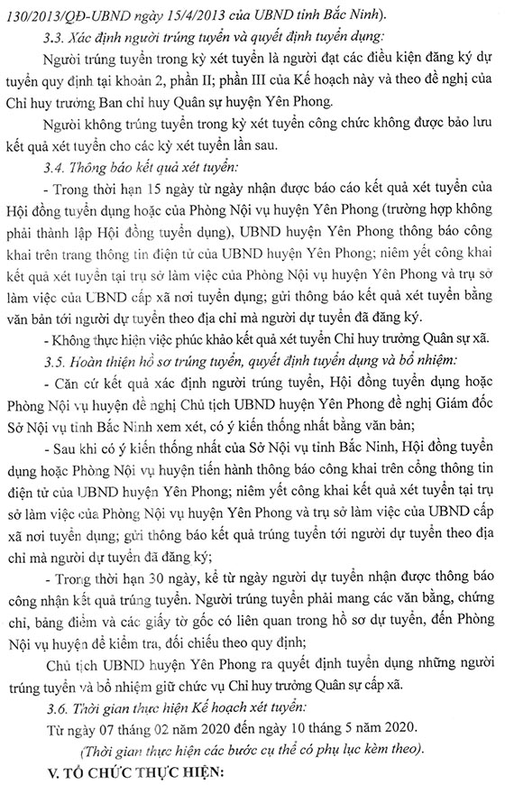 UBND huyện Yên Phong, Bắc Ninh tuyển dụng Chỉ huy trưởng Quân sự cấp xã năm 2020