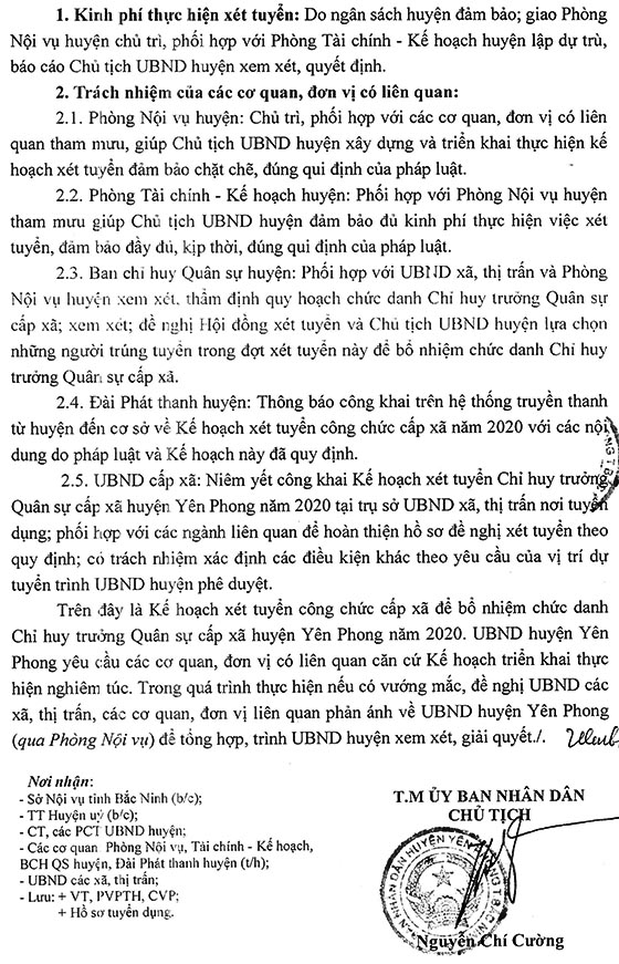 UBND huyện Yên Phong, Bắc Ninh tuyển dụng Chỉ huy trưởng Quân sự cấp xã năm 2020