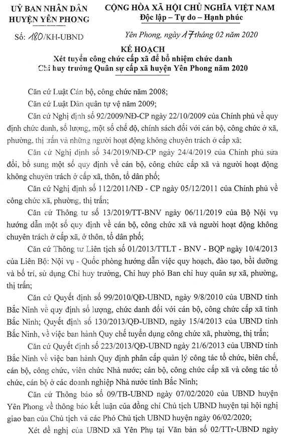 UBND huyện Yên Phong, Bắc Ninh tuyển dụng Chỉ huy trưởng Quân sự cấp xã năm 2020
